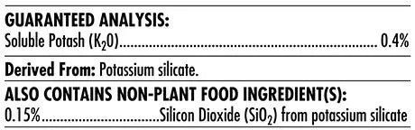 Tabla de análisis garantizado de fertilizante con potasio soluble y dióxido de silicio.