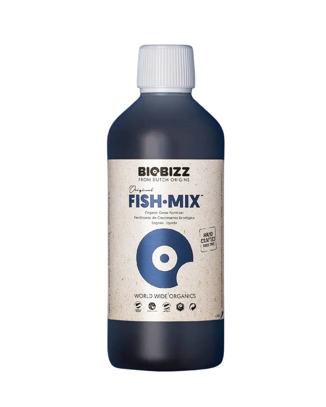 Botella de fertilizante orgánico Fish-Mix para cultivo, etiqueta ecológica y tapón blanco.
