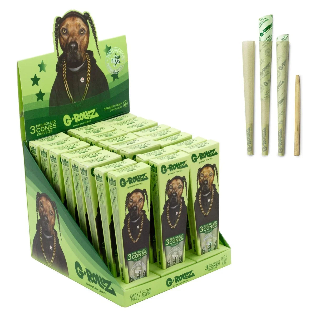 Exhibidor de conos pre-enrolados de cáñamo orgánico king size G-Rollz y tres conos desplegados.