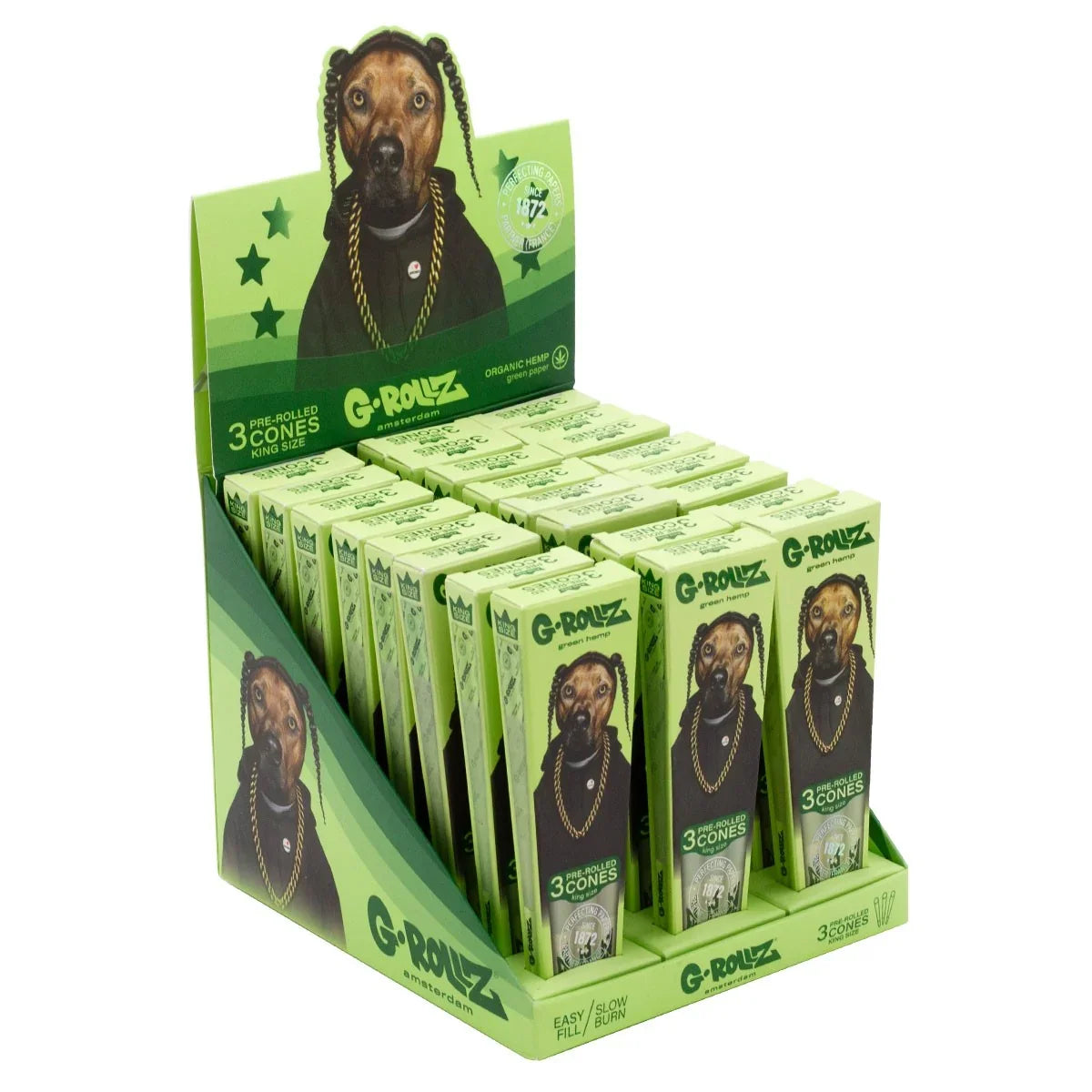 Expositor de conos preenrolados de cáñamo orgánico tamaño king, cajas verdes con ilustración de perro.