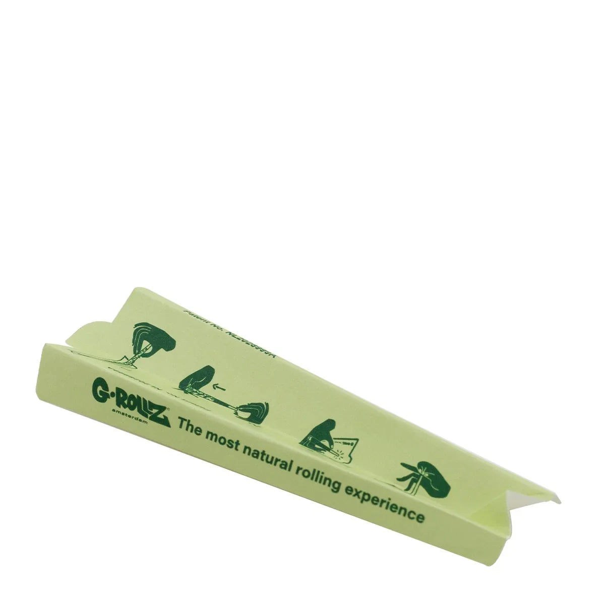 Estuche verde de conos preenrollados de cáñamo orgánico King Size G-Rollz en fondo blanco