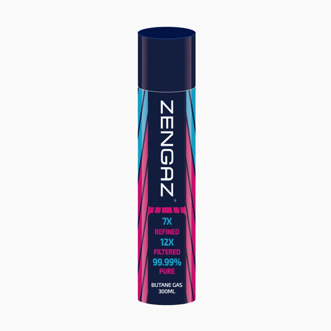Recarga de gas butano Zengaz 300 ml, envase colorido, ideal para encendedores.