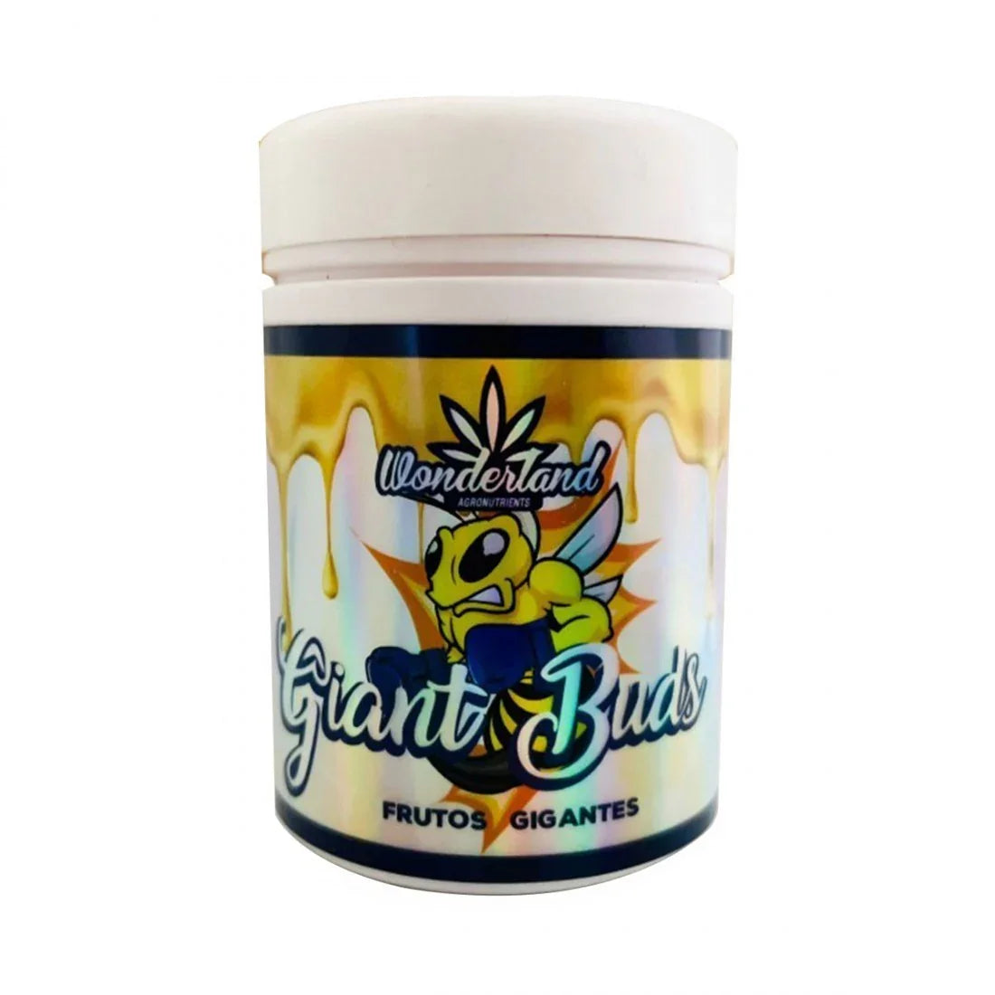 Envase Wonderland Giant Buds 120g con diseño de abeja y fondo de miel, fertilizante para cultivo indoor.