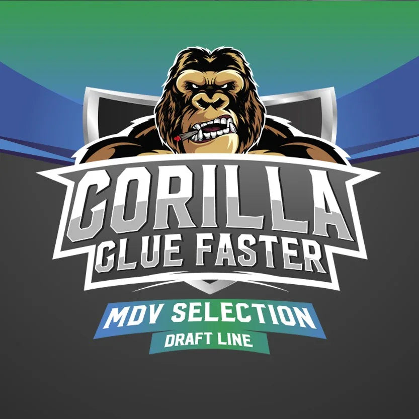 Logo de semillas Gorilla Glue Faster con gorila caricaturesco, fondo verde y azul, texto destacado.