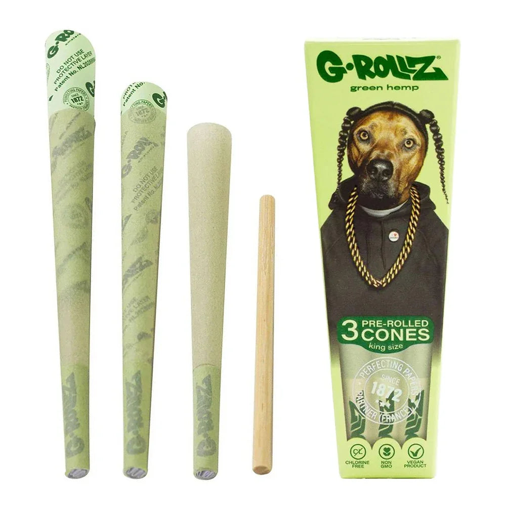 Conos de cáñamo orgánico pre-rolados G-Rollz, tamaño king, caja con imagen de perro, 3 unidades.