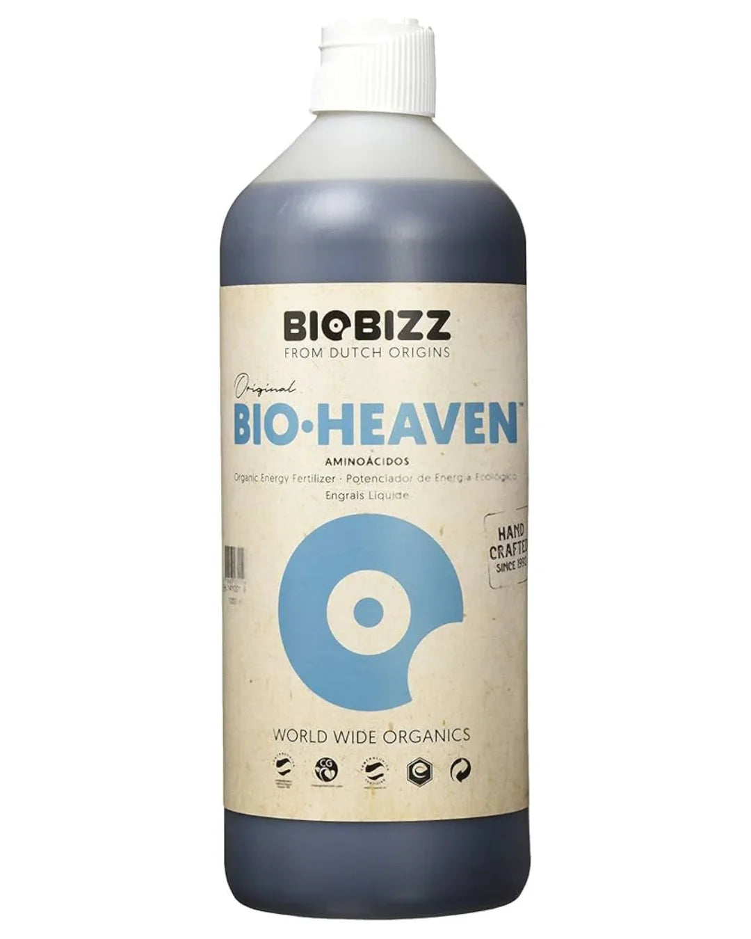 Botella de fertilizante orgánico BioBizz Bio-Heaven con etiqueta visible, ideal para cultivo indoor.