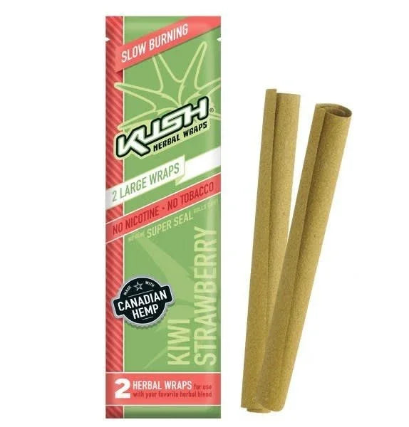 Empaque de wraps de cáñamo sabor kiwi fresa y dos hojas enrolladas, sin tabaco ni nicotina.