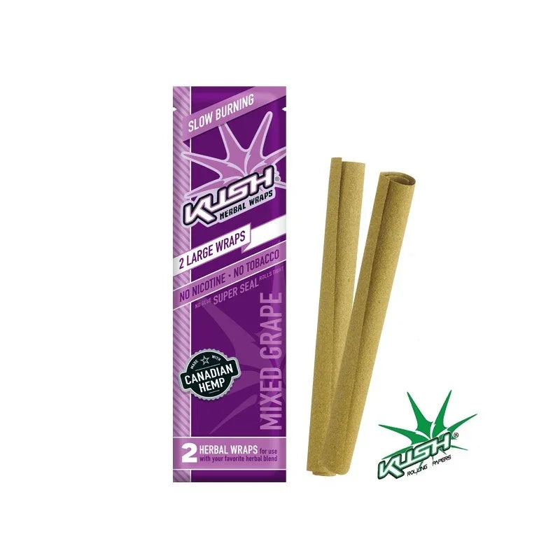 Pack de wraps de cáñamo sabor uva, sin tabaco ni nicotina, con dos piezas a la vista.