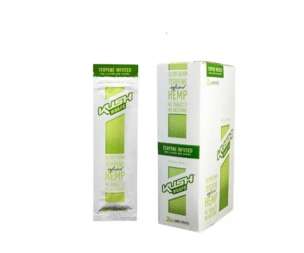 Envase y caja de envolturas de cáñamo infusionadas con terpenos sabor original.