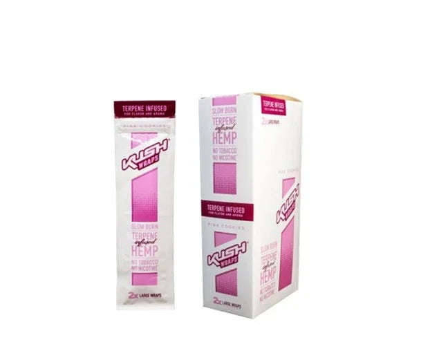 Envolturas de cáñamo infusionadas con terpenos sabor Pink Cookies, paquete y caja.