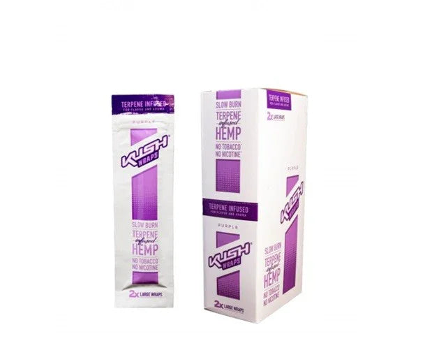 Papeles de cáñamo infundidos con terpenos Kush Wraps sabor Purple, empaque blanco y púrpura.