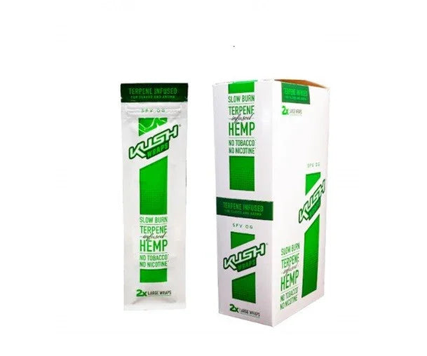 Envolturas de cáñamo infusionadas con terpenos, sabor SFV OG, paquete y caja, sin tabaco ni nicotina.