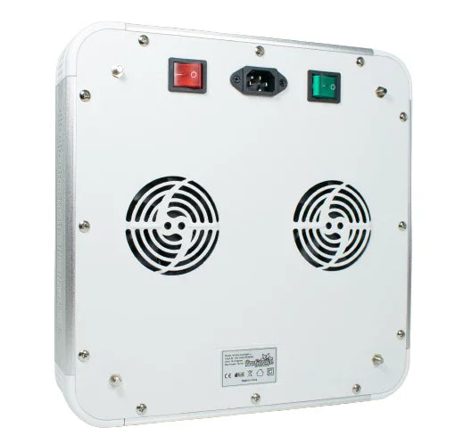 Panel LED de cultivo indoor blanco con doble ventilador y controles, visto desde atrás