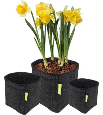 Maceta textil negra de 4 litros con flores amarillas, ideal para cultivo indoor o jardín.