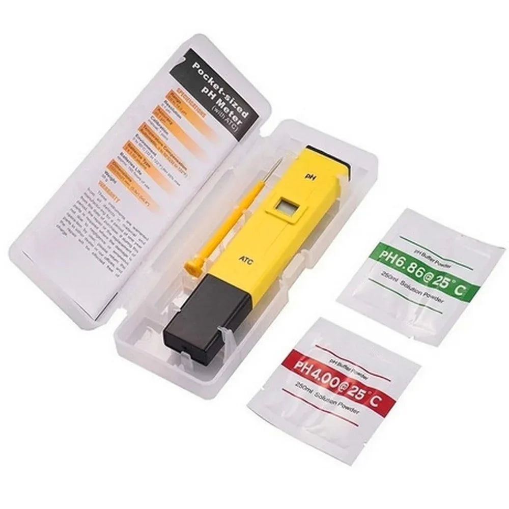 Medidor digital de pH portátil amarillo con estuche y sobres de calibración, ideal para cultivo indoor.