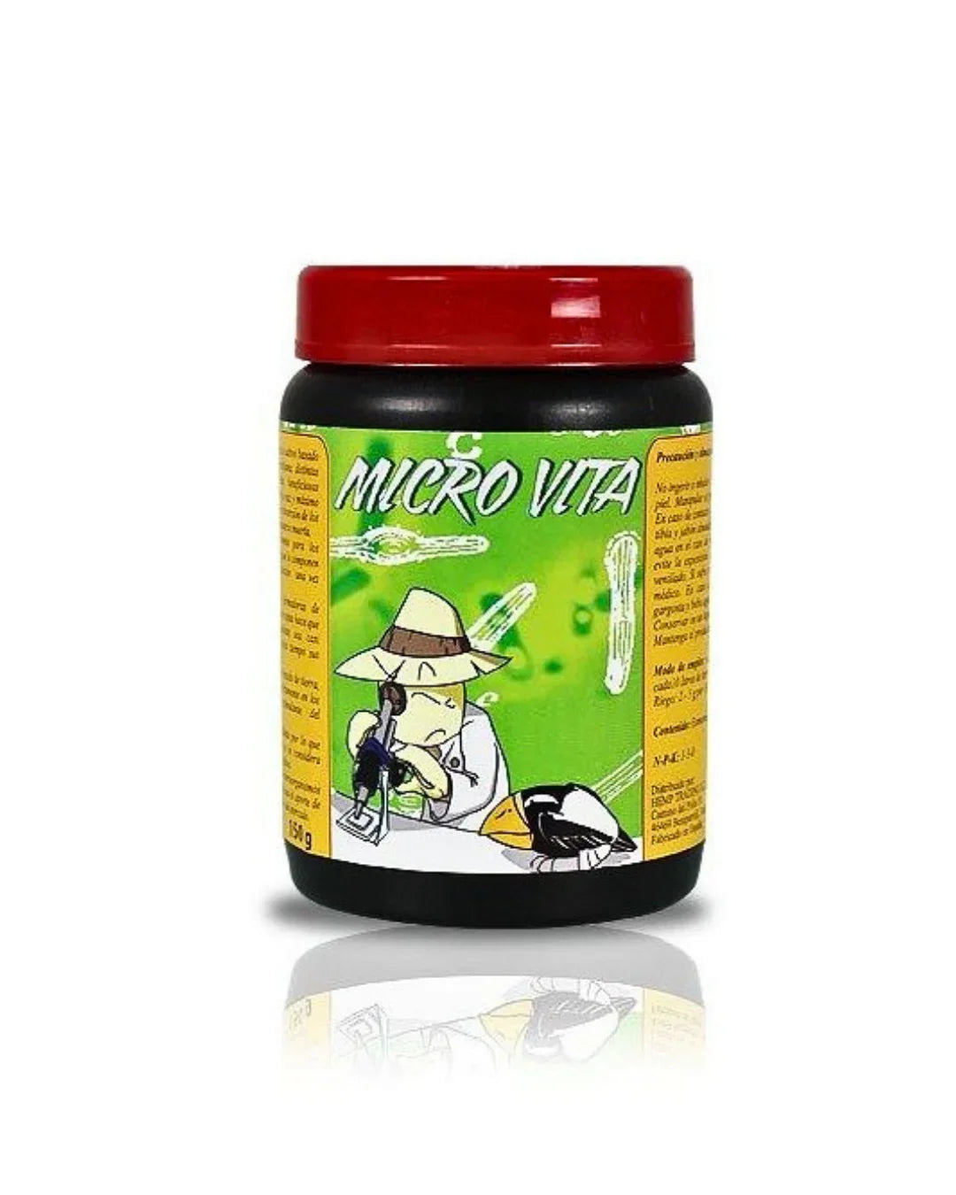 Envase de Micro Vita fertilizante biológico con tapa roja, ilustración de científico y fondo verde.
