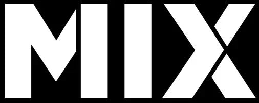 Logo con la palabra MIX en letras grandes blancas sobre fondo negro, diseño moderno.