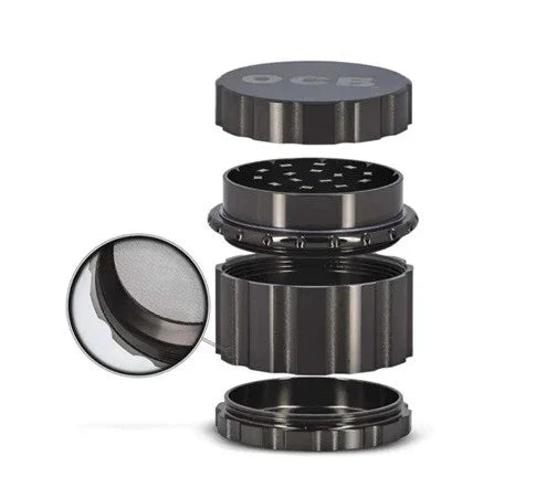 Moledor de metal OCB 50 mm de 4 piezas, partes desmontadas y rejilla visible