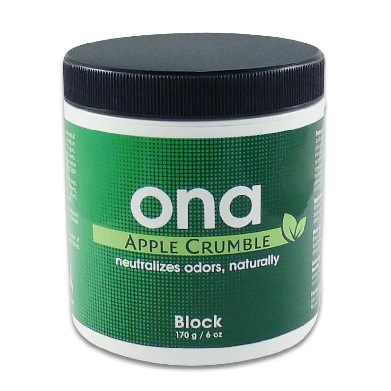 Bloque neutralizador de olores Ona Apple Crumble 170g en envase verde con tapa negra