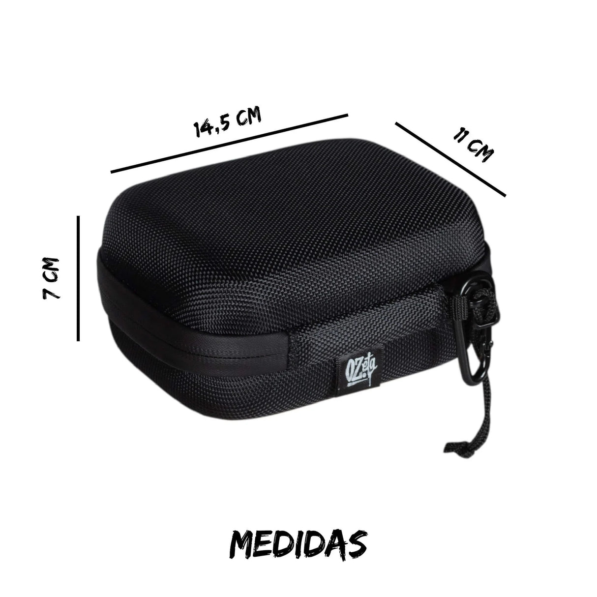 Estuche negro rígido mediano Ozeta, 14,5x11x7 cm, con cierre y mosquetón.