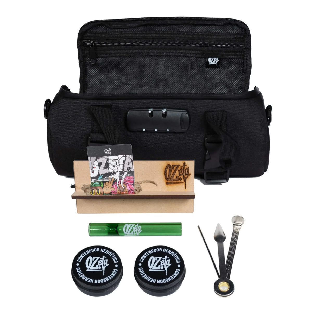 Kit para fumadores con bolso cilíndrico con clave, contenedores herméticos y accesorios Ozeta