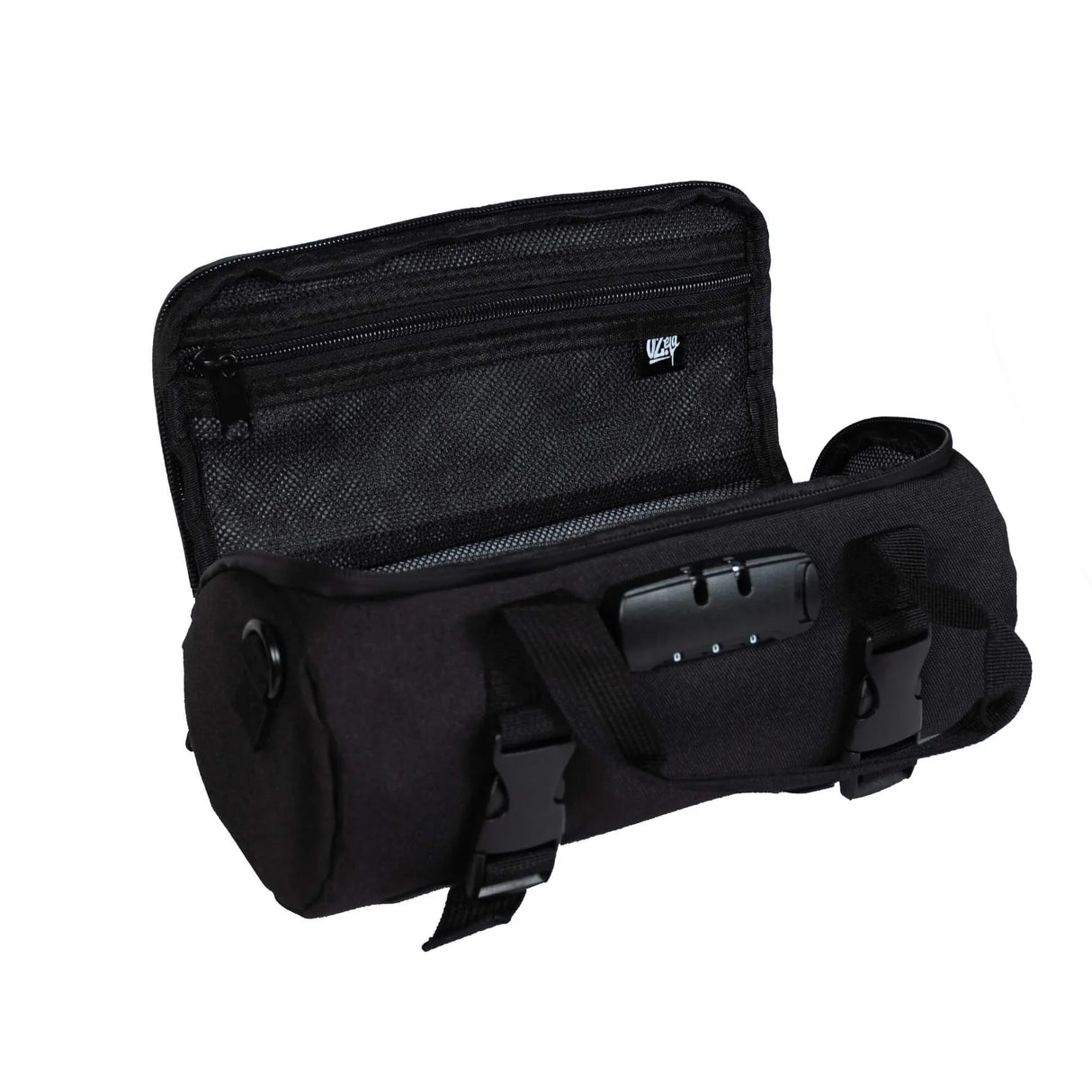Bolsa cilíndrica negra con compartimentos y cierre de seguridad, ideal para cultivo indoor