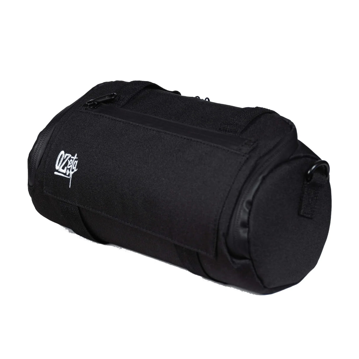 Bolso cilíndrico negro con cierre, tela resistente y logo bordado, ideal para accesorios de cultivo.