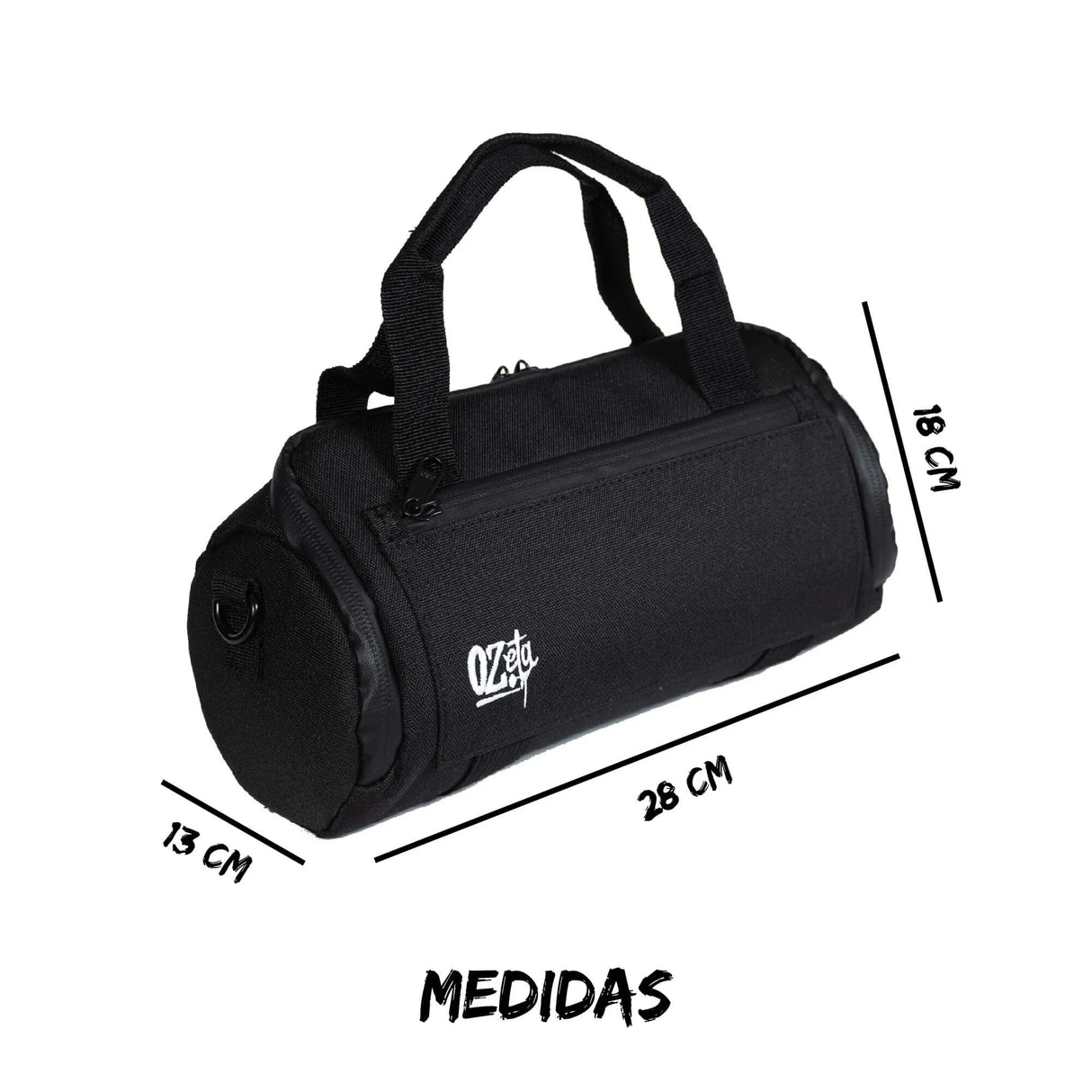 Bolso cilíndrico negro con cierre, medidas 28x18x13 cm, ideal para cultivo indoor.