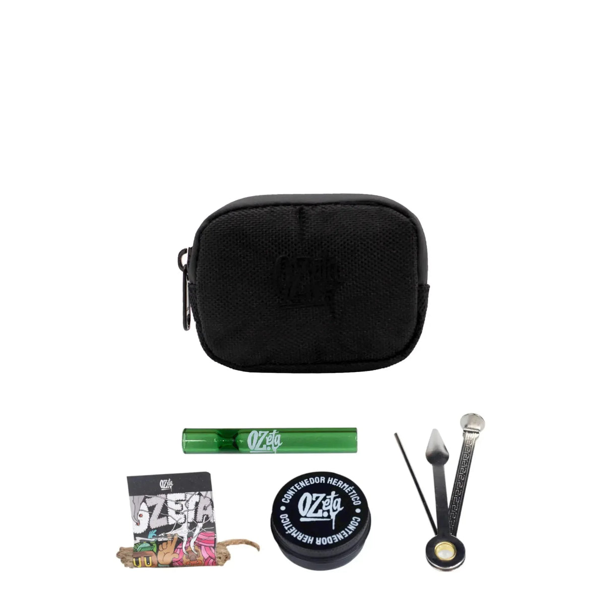 Kit de accesorios para cultivo con estuche negro, grinder, pipa, papelillos y herramientas.