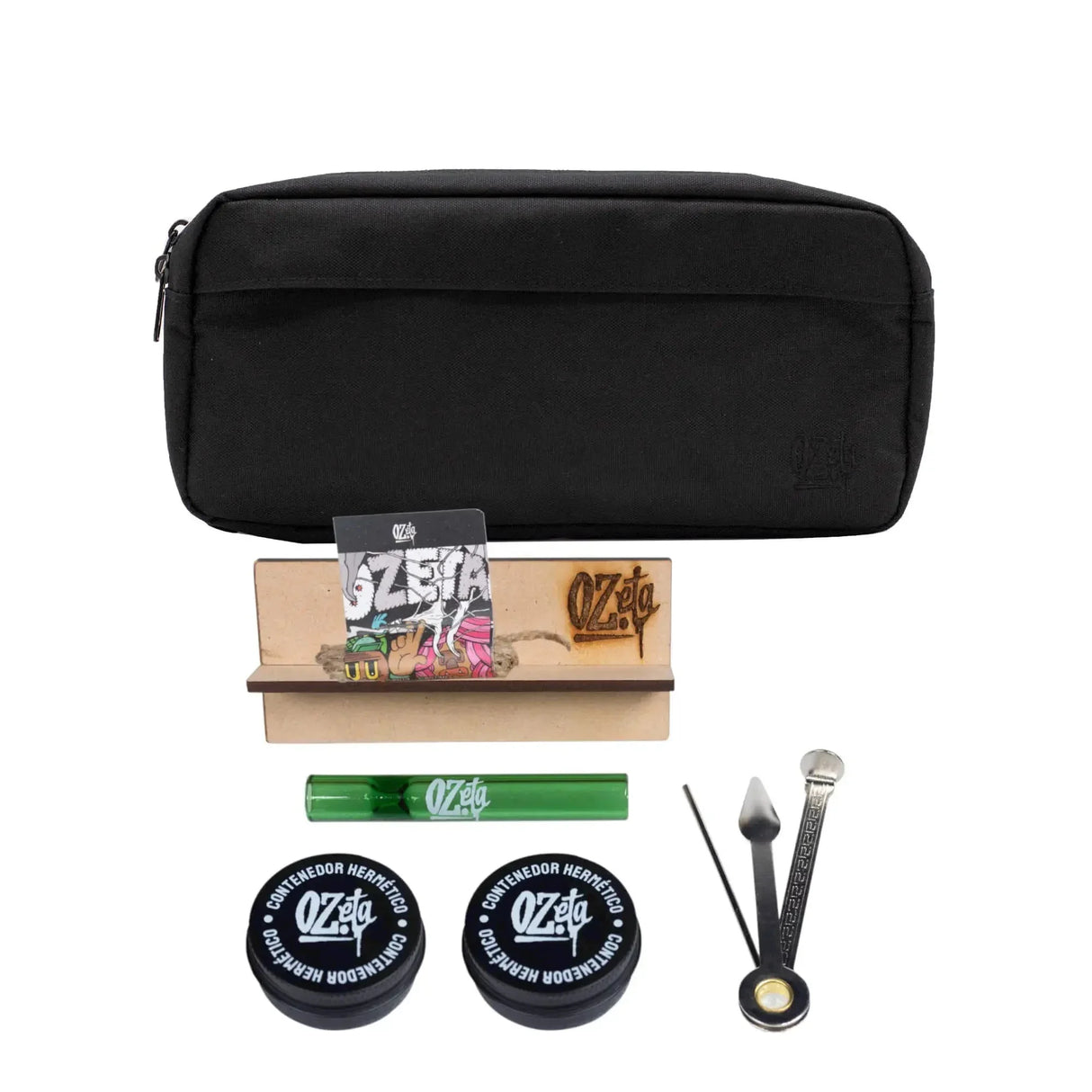 Set de bolso negro con bandeja, contenedores herméticos, pipa, herramientas y papel de liar.