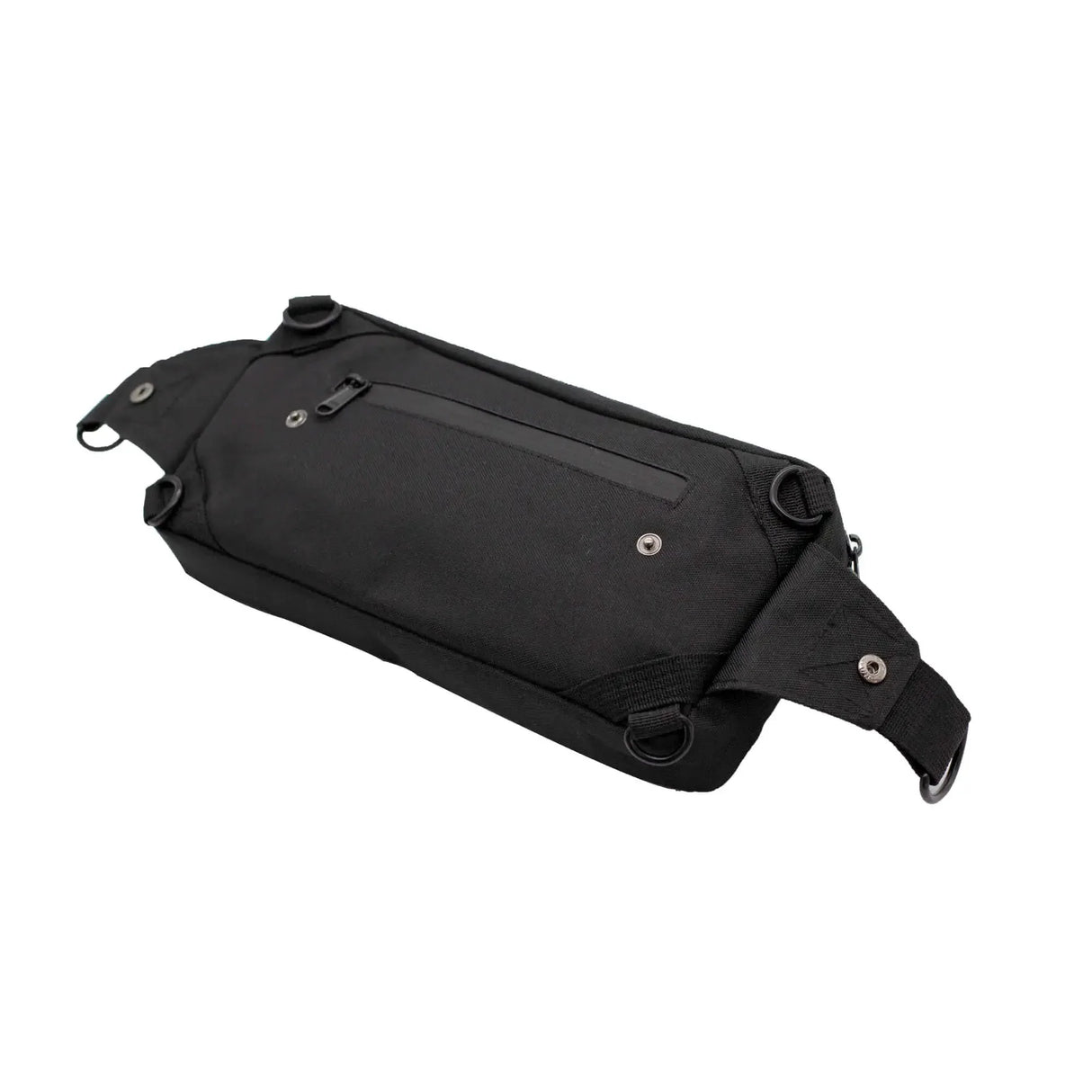 Bolso crossbody negro de tela con cierre y detalles metálicos, accesorio organizador