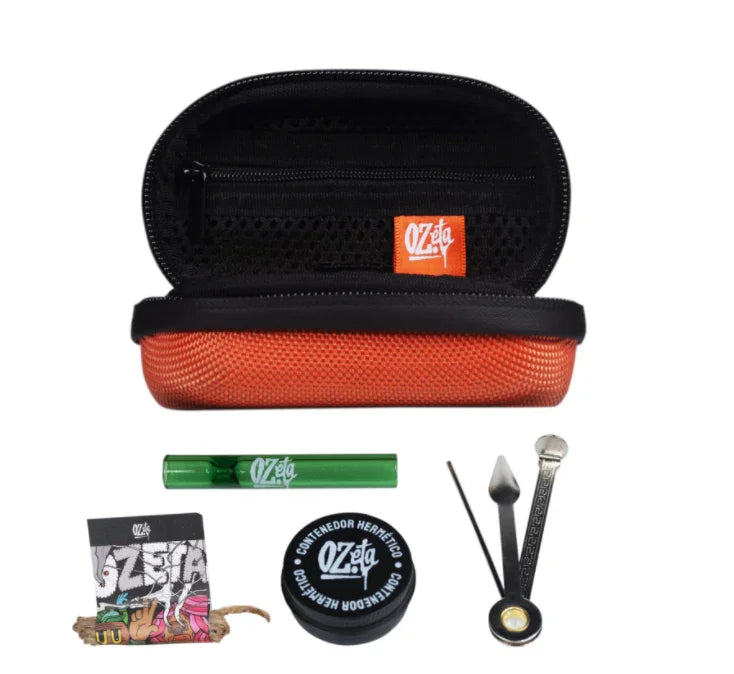 Estuche pequeño naranja con accesorios de autocultivo y conservación Ozeta.