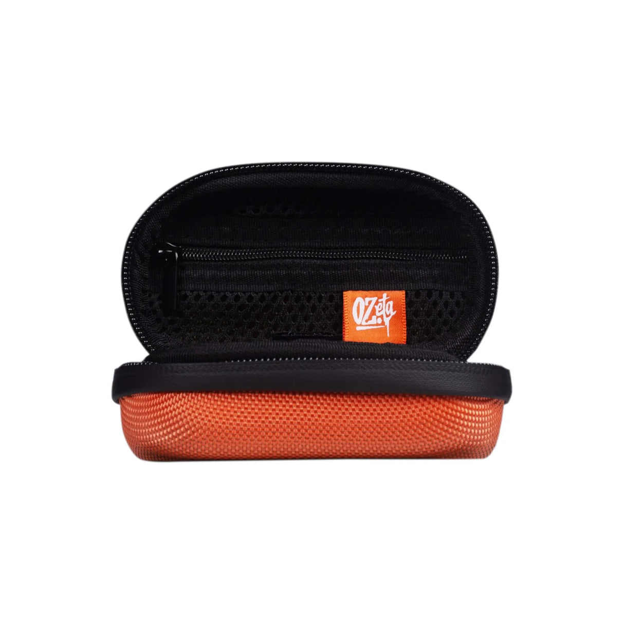 Estuche pequeño rígido color naranja con interior de malla y cierre, ideal para accesorios