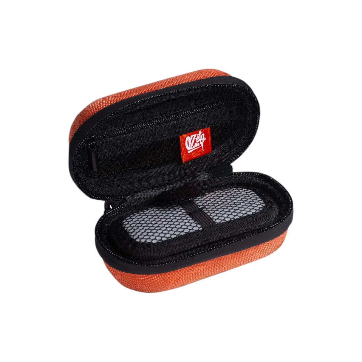 Estuche rígido pequeño naranja con cierre, malla interior y etiqueta Ozeta, ideal accesorios
