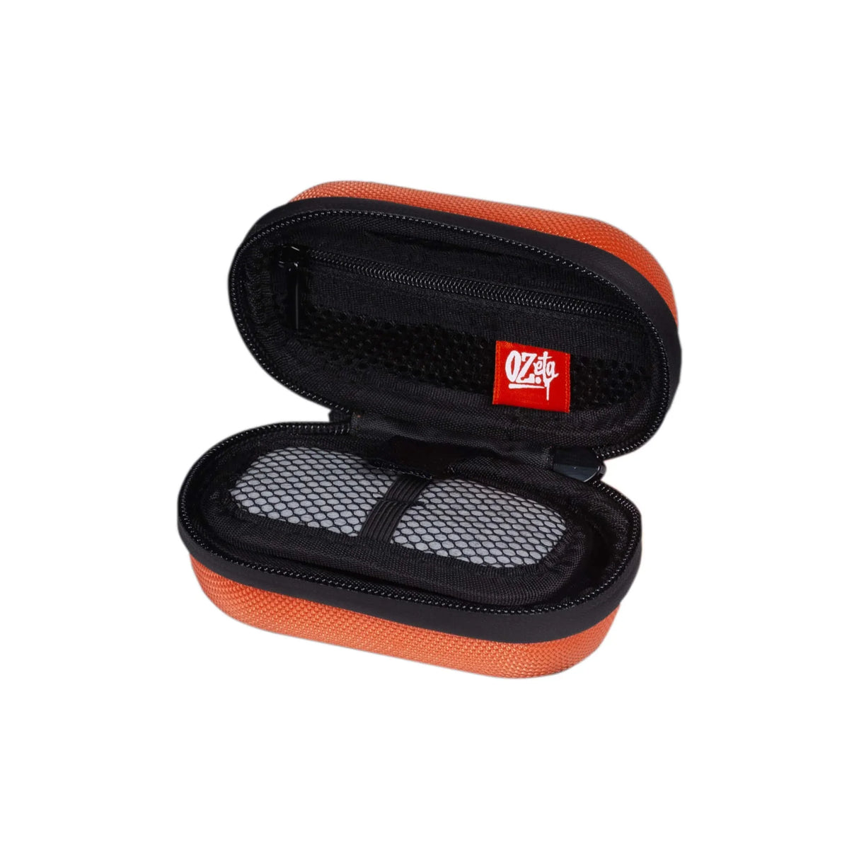 Estuche rígido pequeño naranja con cierre, compartimentos de malla y textura resistente