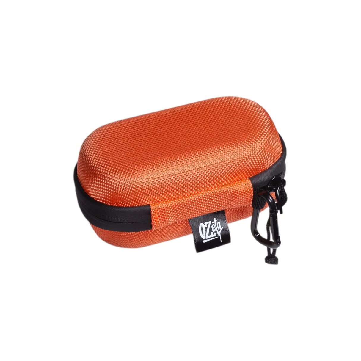 Estuche rígido pequeño color naranja con cierre y mosquetón, ideal para accesorios de cultivo.