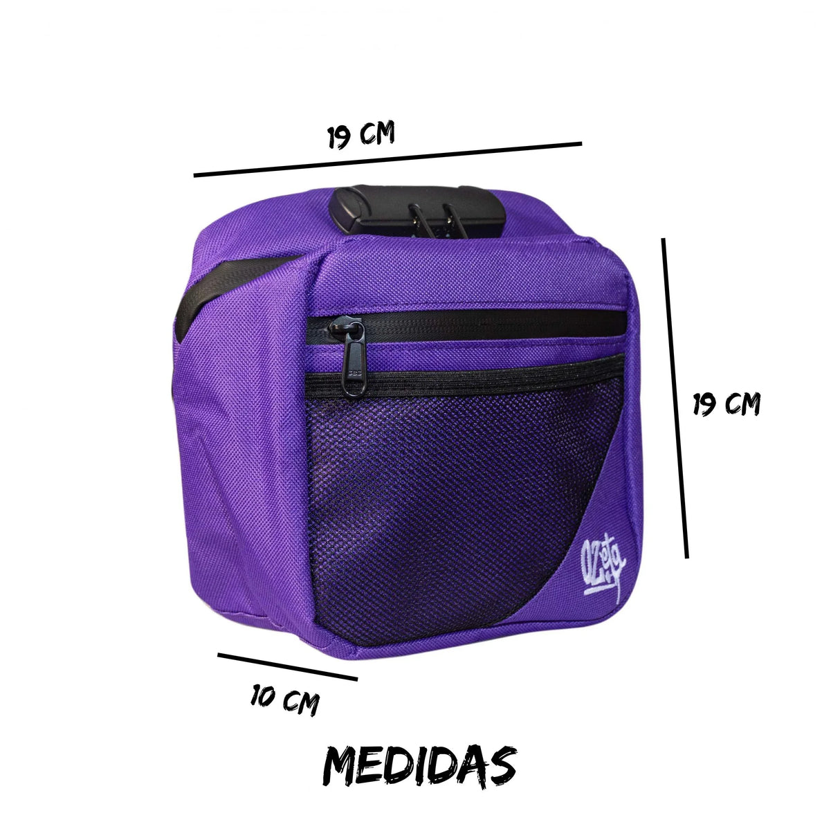 Banano morado con cierre de seguridad, malla frontal y medidas 19x19x10 cm.