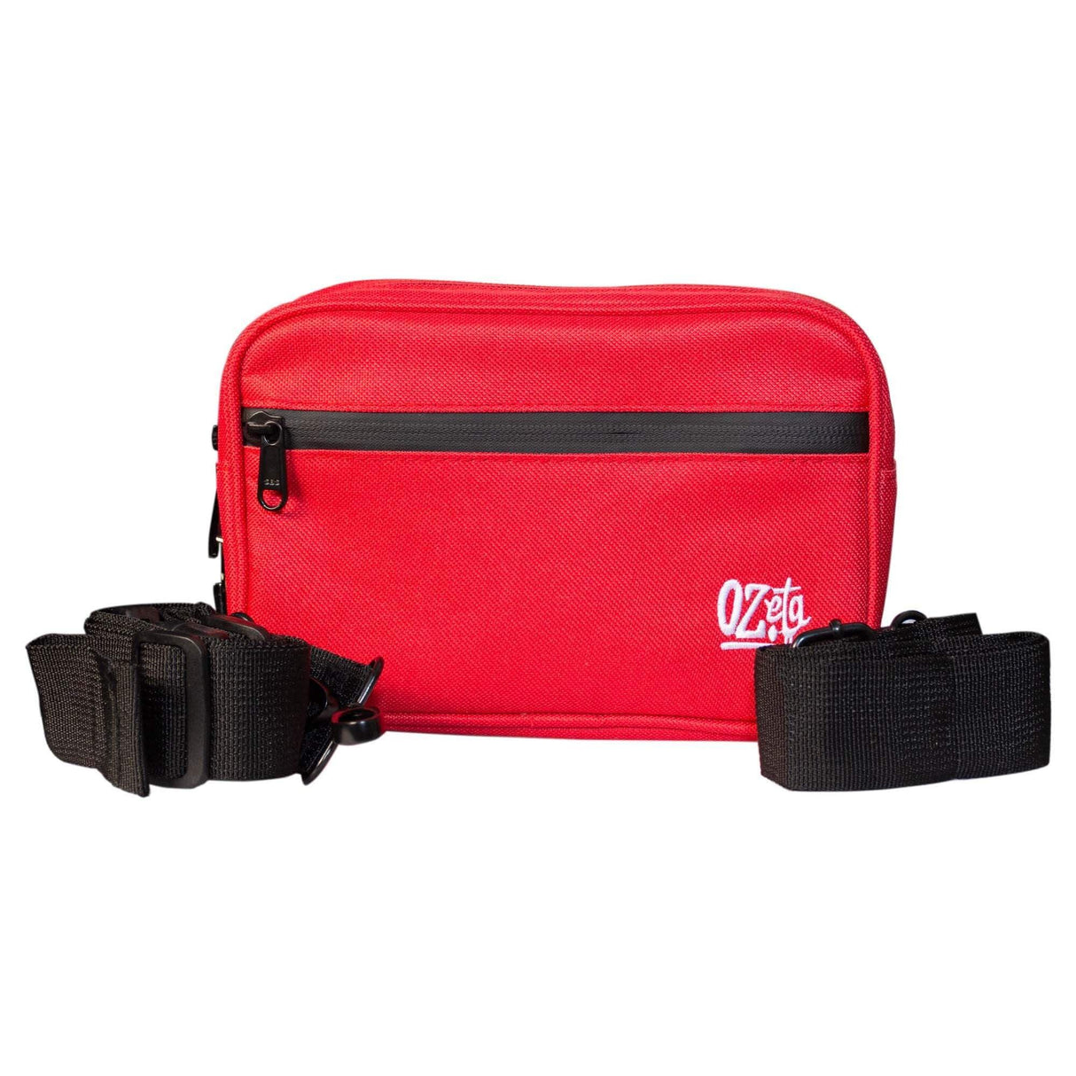 Cangurera roja Ozeta con cierre negro y correas ajustables negras, ideal para accesorios.