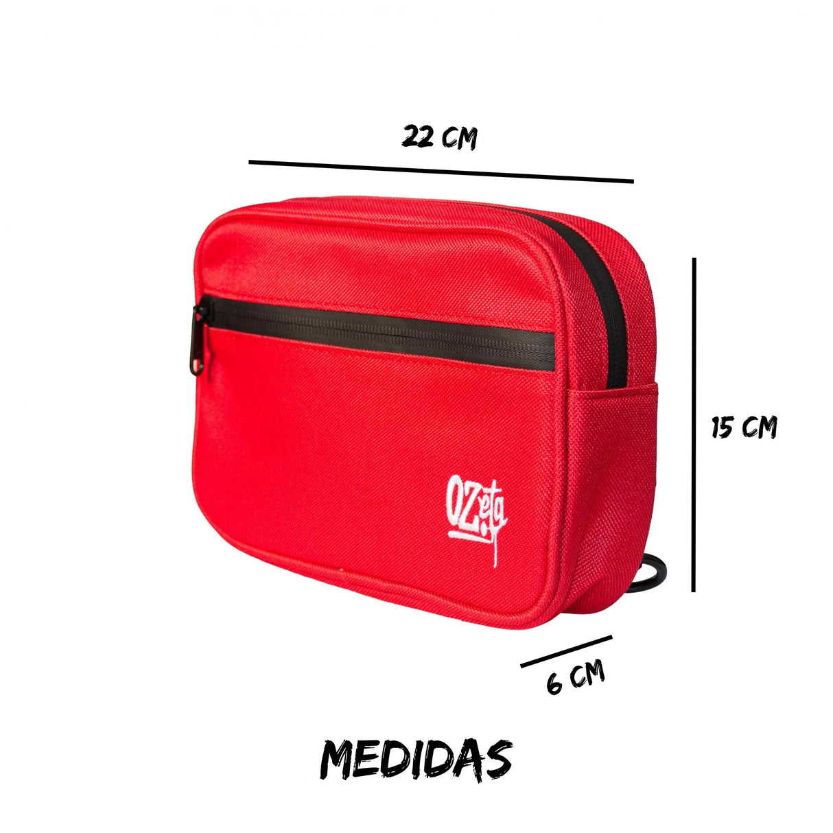 Bolso tipo chestbag rojo con cierre, medidas 22x15x6 cm, ideal para accesorios de cultivo.