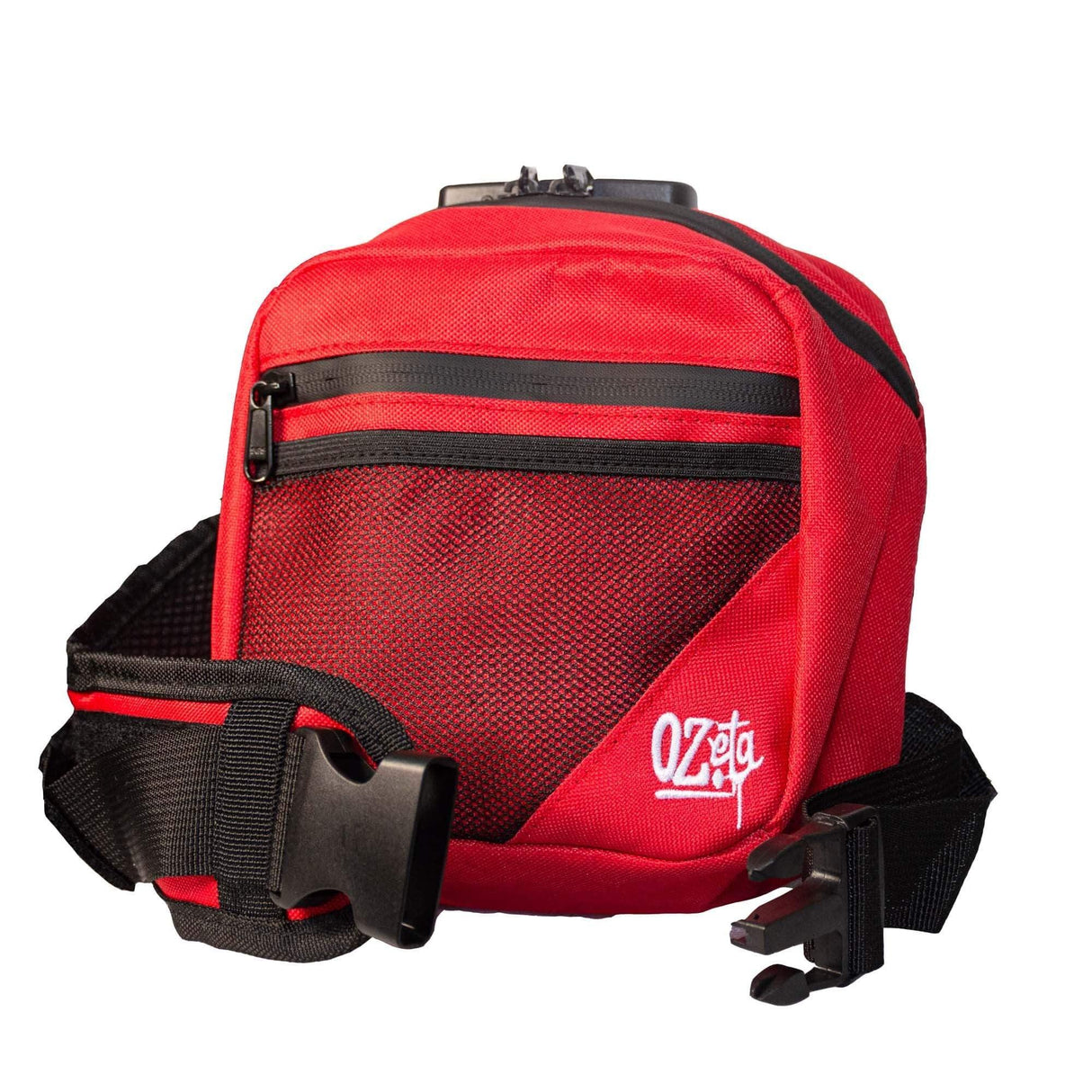 Banano rojo de tela con cierre, compartimentos y cinturón ajustable, logo Ozeta visible