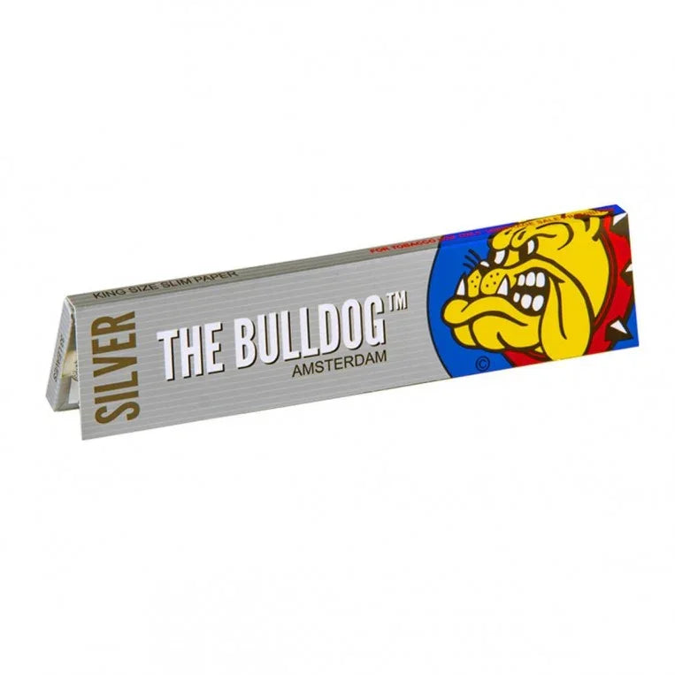 Papel para armar The Bulldog King Size Slim Silver, diseño plateado y logo de bulldog.