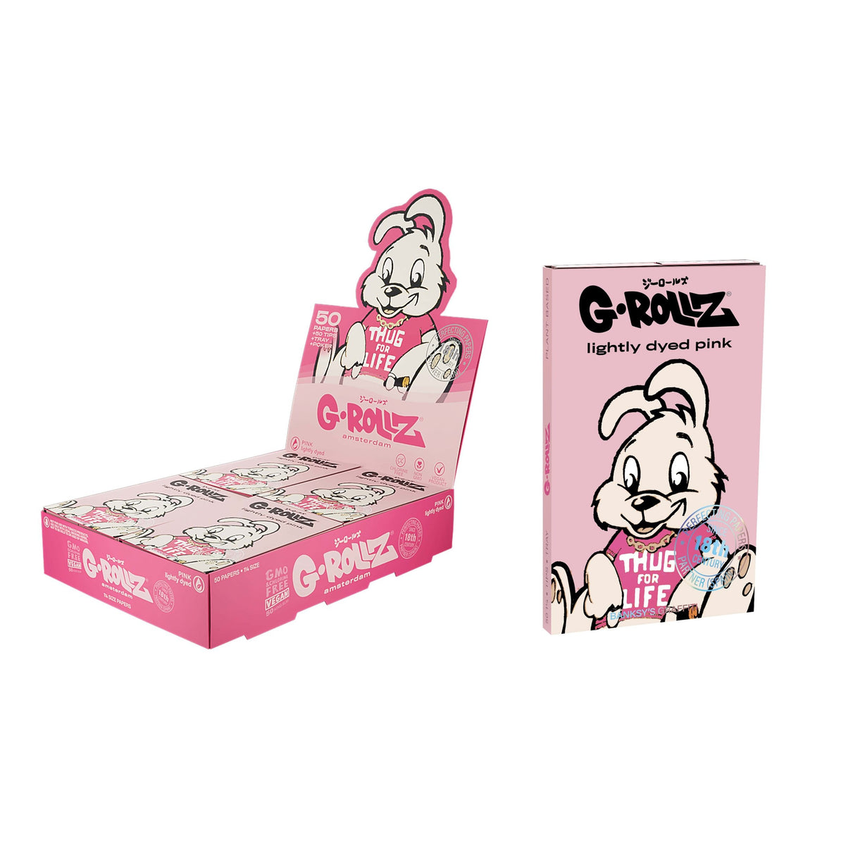 Papelillo G-Rollz 1 1/4 + Tips + Tray Banksy Conejo Pink