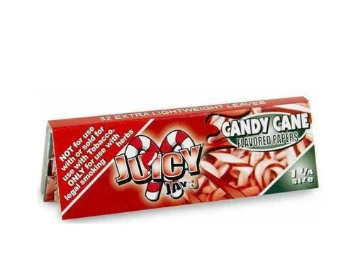 Papelillos sabor menta Juicy Jays Candy Cane 1 1/4, empaque rojo con gráficos de bastón dulce.