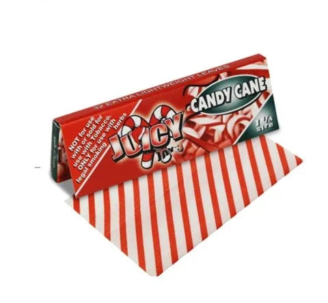 Papel de liar Juicy Jays Candy Cane 1 1/4 con diseño de rayas rojas y blancas.