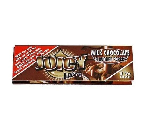 Papelillos sabor chocolate Juicy Jay's 1 1/4 para liar, fondo blanco, empaque marrón
