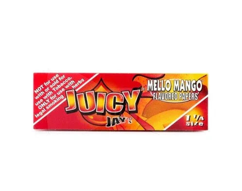 Papelillos sabor mango Juicy Jay's 1 1/4, empaque color naranja y amarillo.