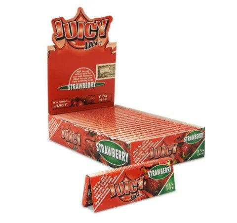 Caja de papelillos sabor frutilla Juicy Jay’s Strawberry 1 1/4, exhibida sobre fondo blanco.