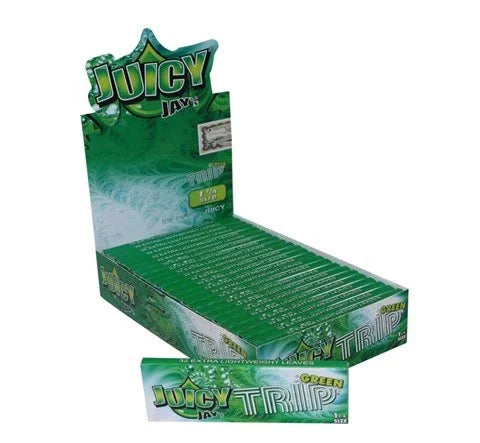 Caja exhibidora de papelillos Juicy Jays Trip Green Menta 1 1/4 sabor menta, fondo blanco.