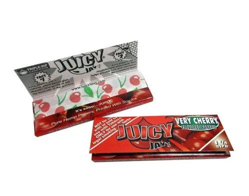 Papelillo Juicy Jay's sabor cereza en empaque rojo con gráficos de cerezas y texto Very Cherry