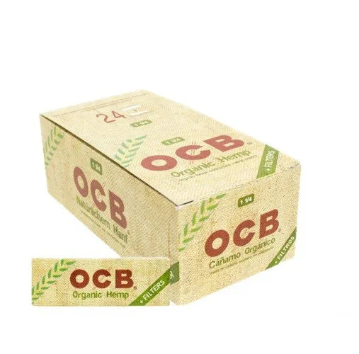 Caja de papelillos OCB cáñamo orgánico 1 1/4 con tips y diseño ecológico